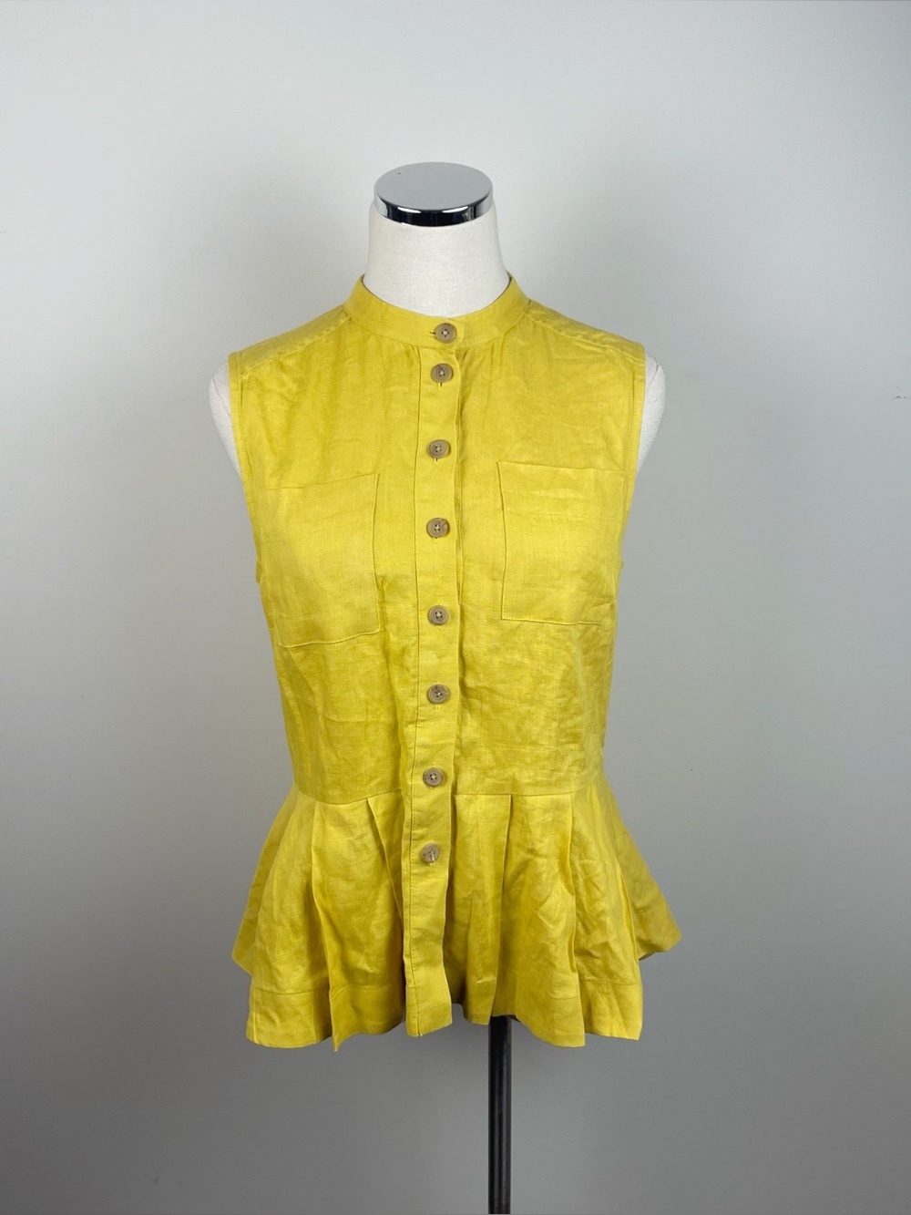 Sea New York Solid Yellow 100% Linen Button Front Flared Blouse Top Women Size 6